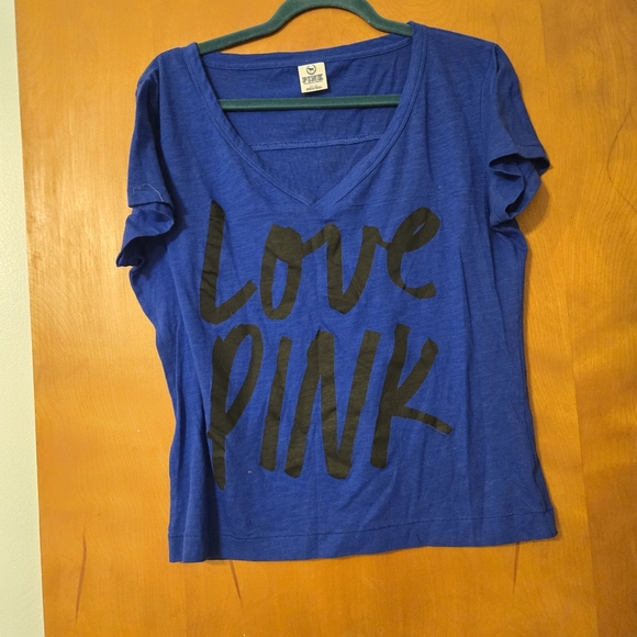 PINK Victoria's Secret Tops - Victoria's Secret PINK Logo V-Neck Blue T-Shirt Size M